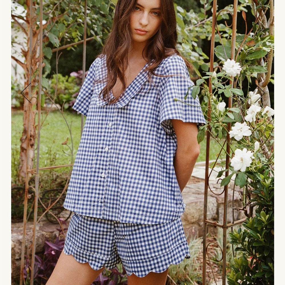 Piyama Penelope Sleep set - Blue Gingham Button-Up Top and Shorts Set